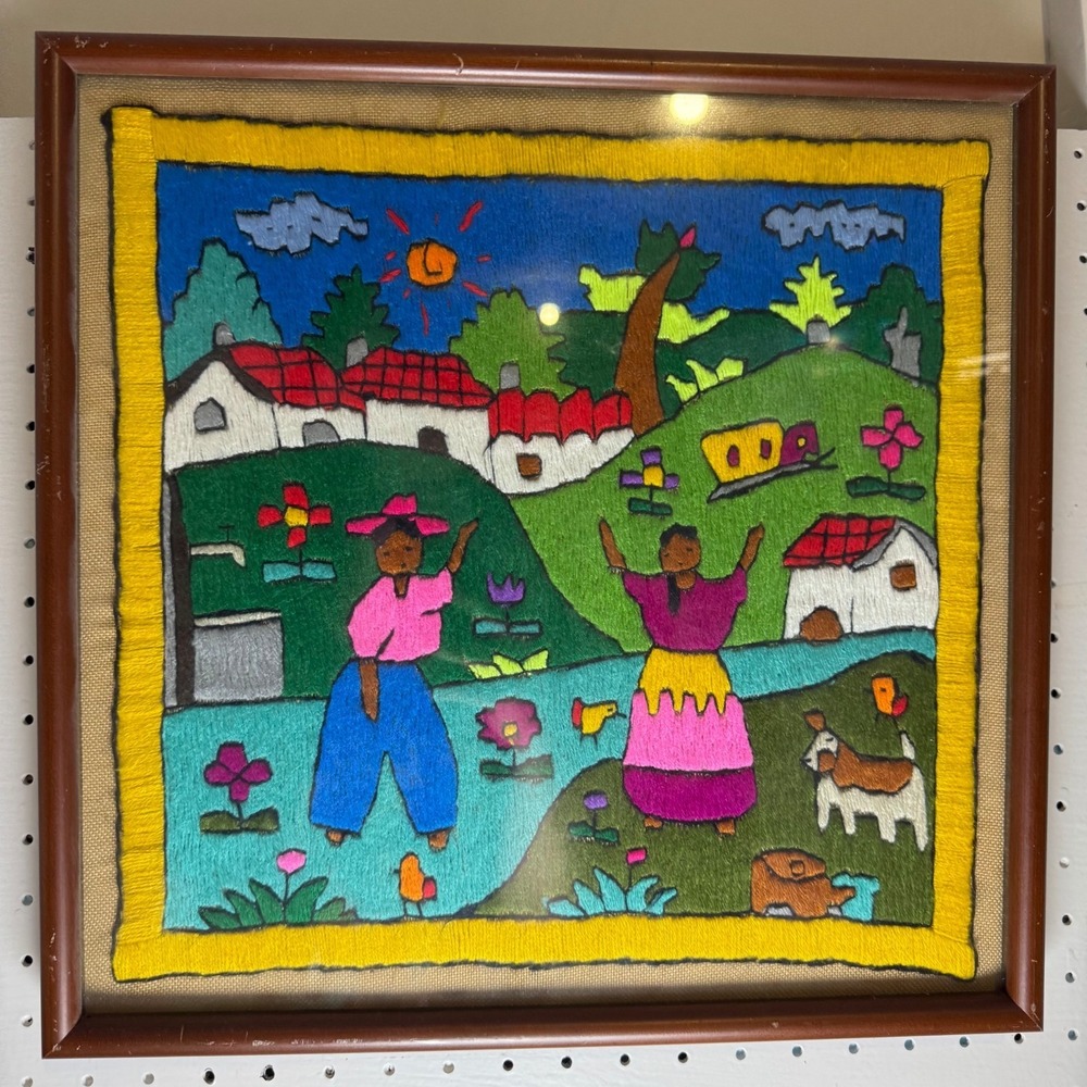 Handmade Haitian Folk Art Textile Wall Hanging Framed Village Needlework Embroid